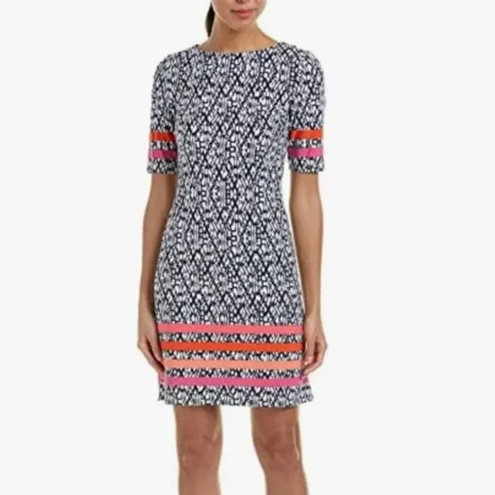 Eliza J Black and White Patterned Mini Dress with Orange and Pink Stripes